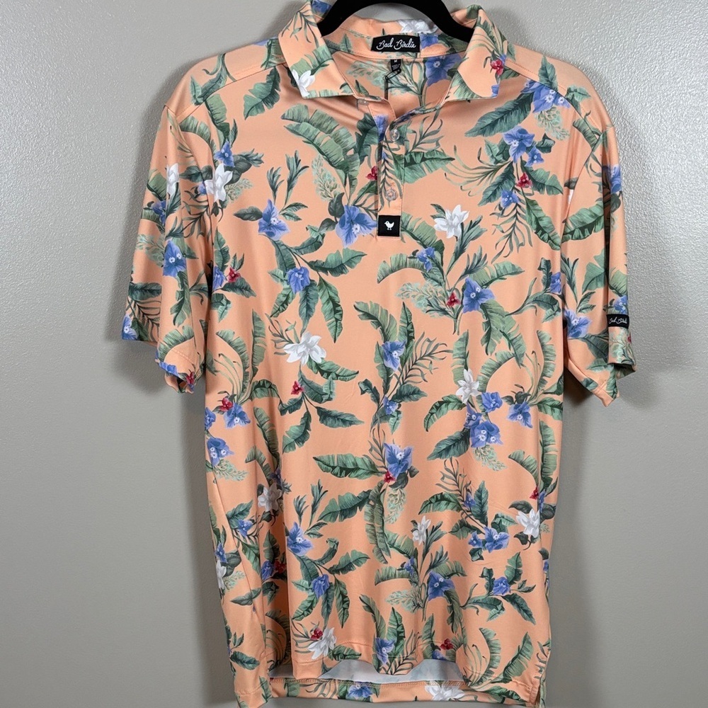 Bad Birdie Tropical Floral Polo in Peach